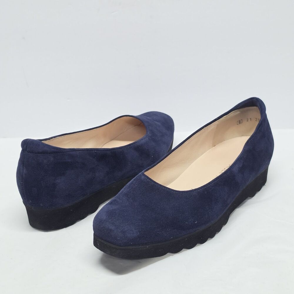Peter Kaiser Womens Navy Blue Suede Square Toe Low Lug Wedge Flats Shoes US 8.5